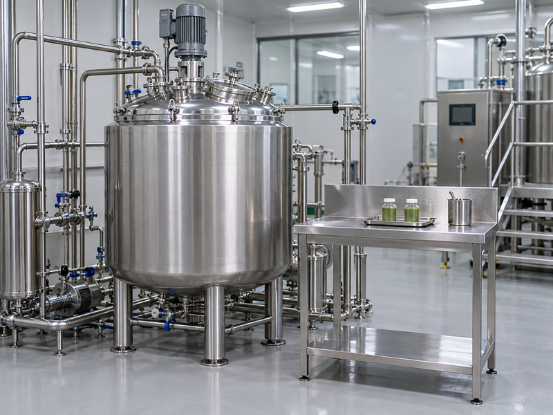 Chinese pilot food processing line with covered matcha trial vessel and sample collection area