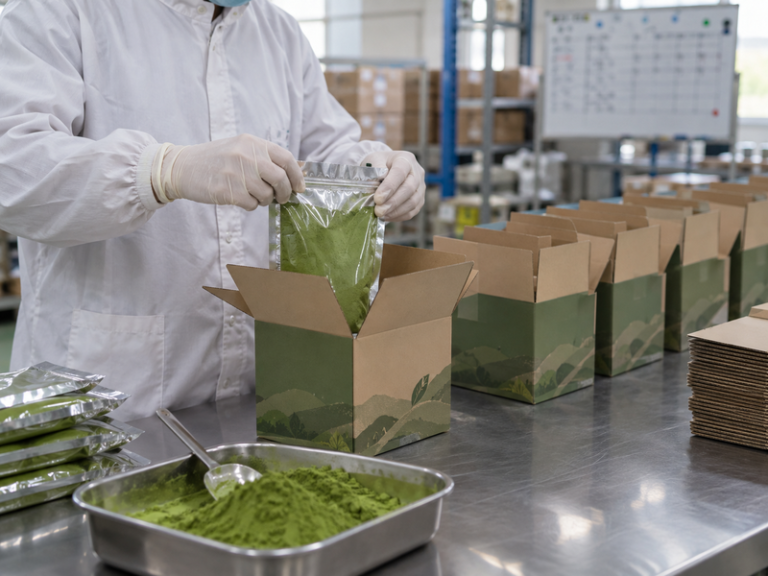 Matcha cartons staged for dispatch and release review