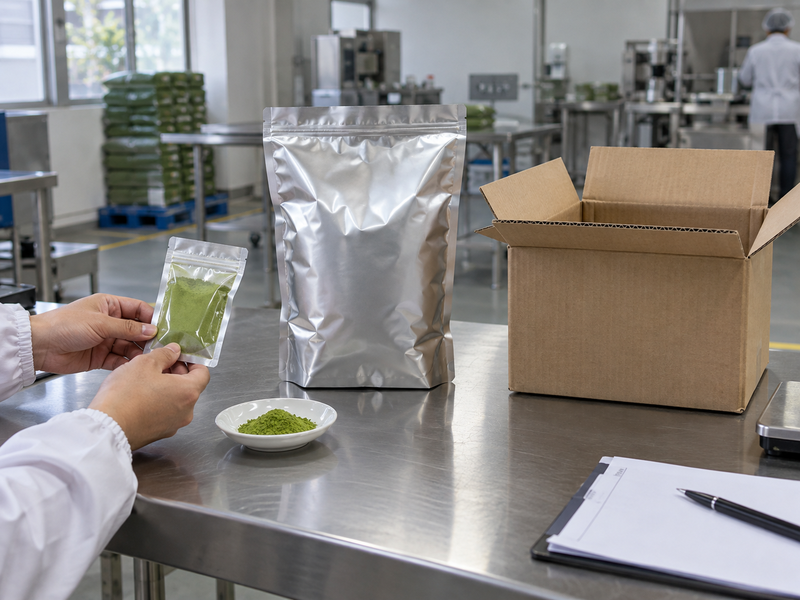 Matcha order samples arranged beside packing and shipping materials