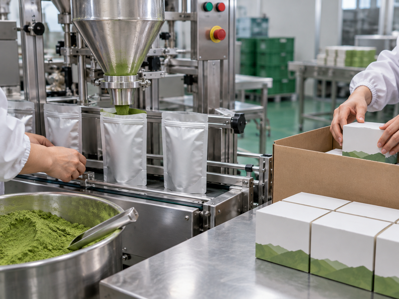 Matcha filling and packing line prepared with approved materials