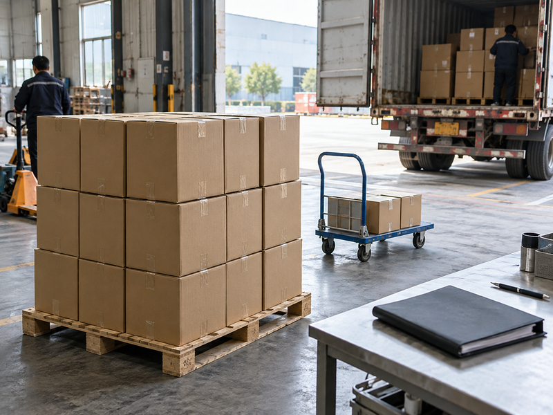 Matcha cartons ready at a dispatch area beside a parcel trolley