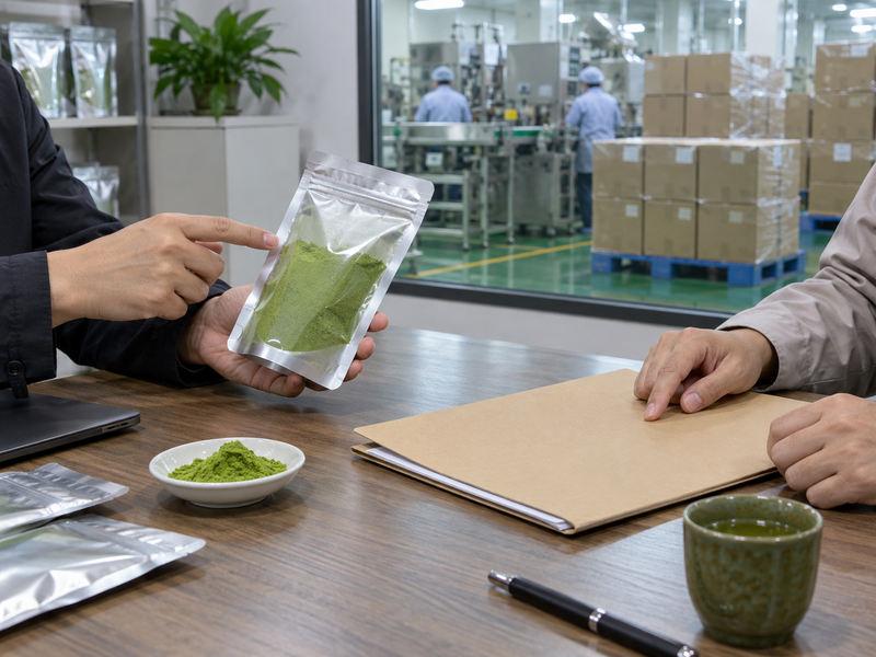 Supplier staff checking packed matcha order progress