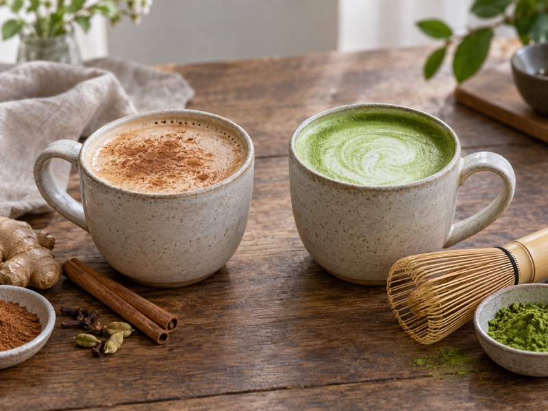 Two unbranded café drinks side by side: spiced chai latte and green matcha latte