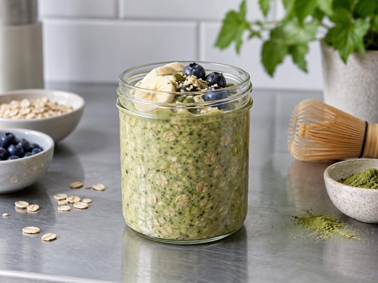 Matcha overnight oats in a glass with visible oat texture and a small fruit topping