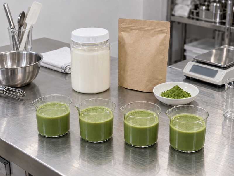 Identical matcha formulation samples prepared for a controlled pH study