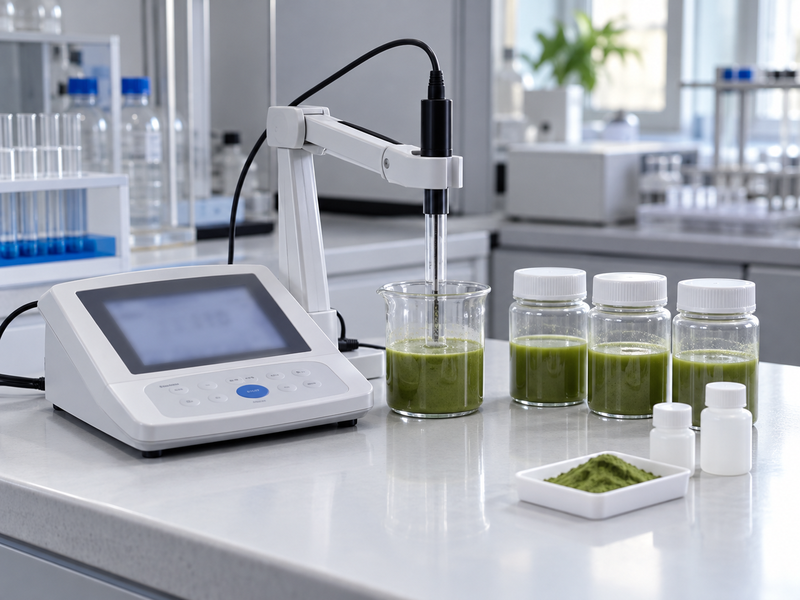 Matcha test vessels with a pH meter and sealed ingredient preparation containers