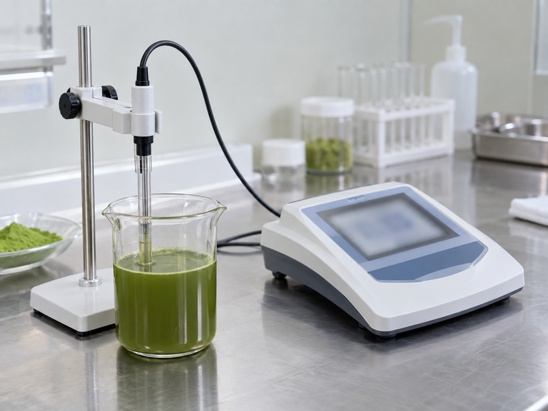 pH electrode measuring a prepared matcha sample at a documented development stage