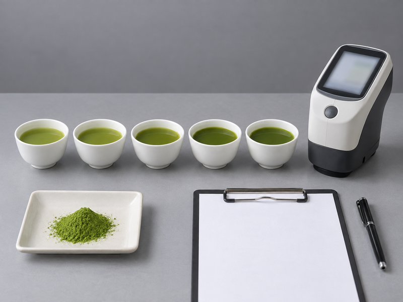 Coded matcha beverage portions under neutral lighting for color and sensory comparison