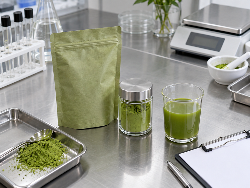 Traceable matcha supplier powders beside the approved formulation reference