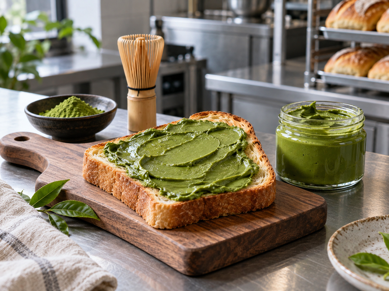Matcha spread on toast beside an open glass jar