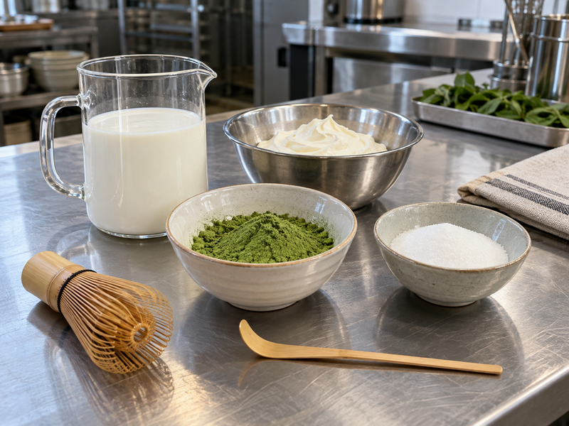 Milk cream sugar and matcha weighed separately for spread development