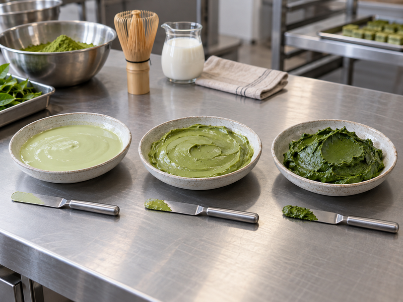 Small dishes of matcha spread compared with palette knives