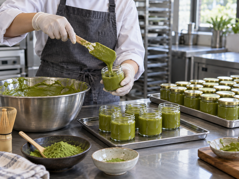 Clean jars being filled with matcha spread during a controlled pilot