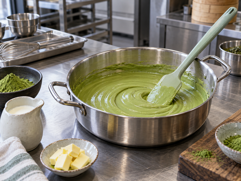 Matcha milk spread stirred in a stainless pan while checking texture