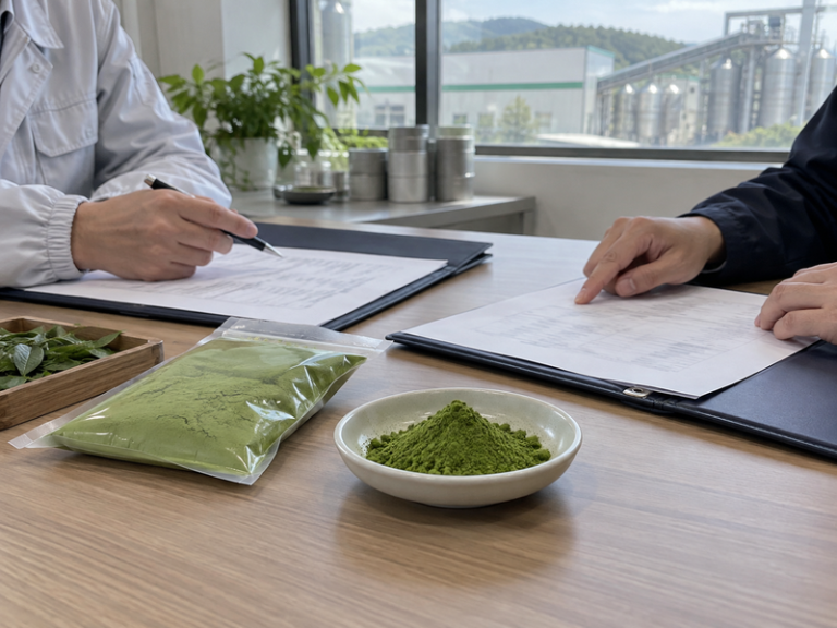 Supply agreement paperwork reviewed alongside a matcha sample