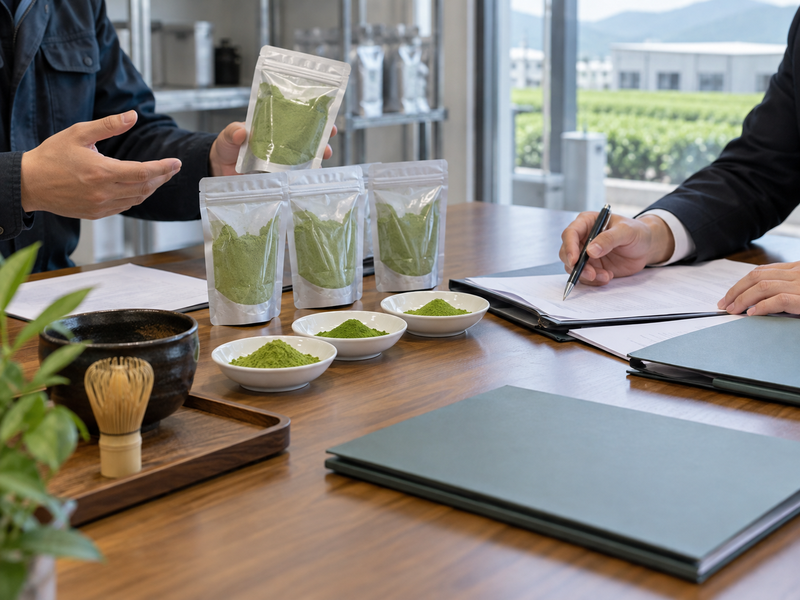 Matcha samples and supply agreement working folders on a meeting table