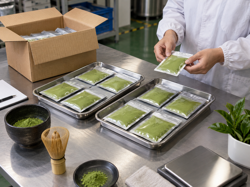 Sealed matcha retained samples arranged for lot acceptance review
