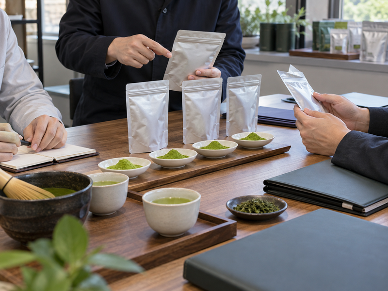 Supplier staff reviewing matcha blend samples and protected project files