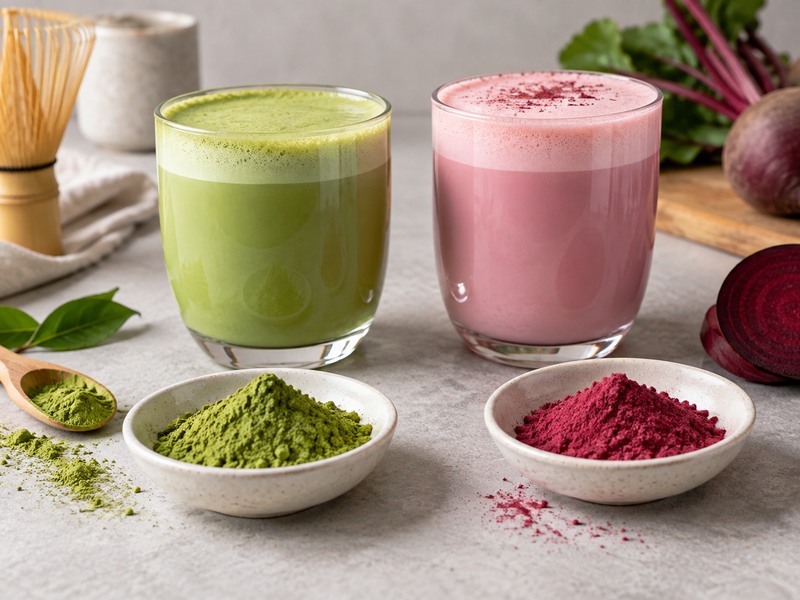 Pink botanical powder beside green matcha powder