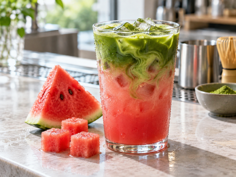 Seasonal watermelon matcha served on a bright cafe table