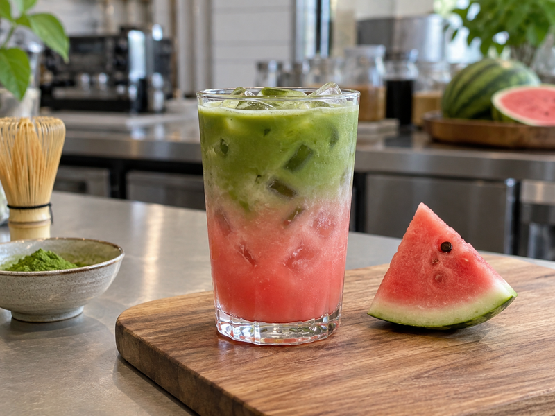 Watermelon matcha iced drink with pink juice and green tea