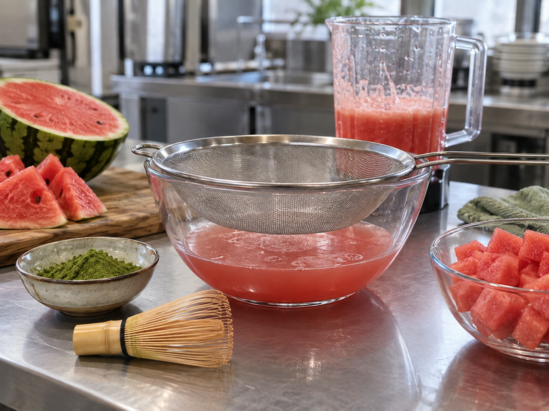 Watermelon juice passing through a sieve at a prep station