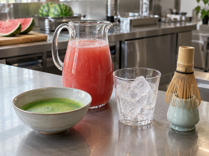 Whisked green tea and watermelon juice ready for assembly