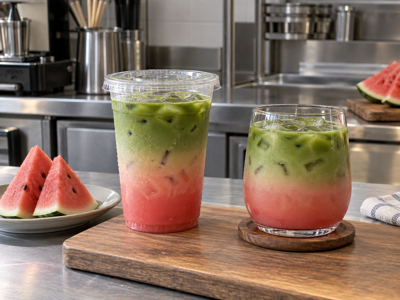 Watermelon matcha in a glass and takeaway cup for service checks