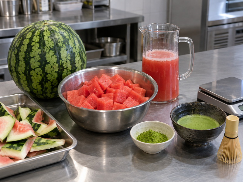 Whole watermelon and prepared juice for a cafe yield check