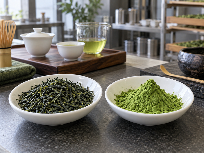 Gyokuro vs matcha comparison with rolled tea leaves and fine green powder