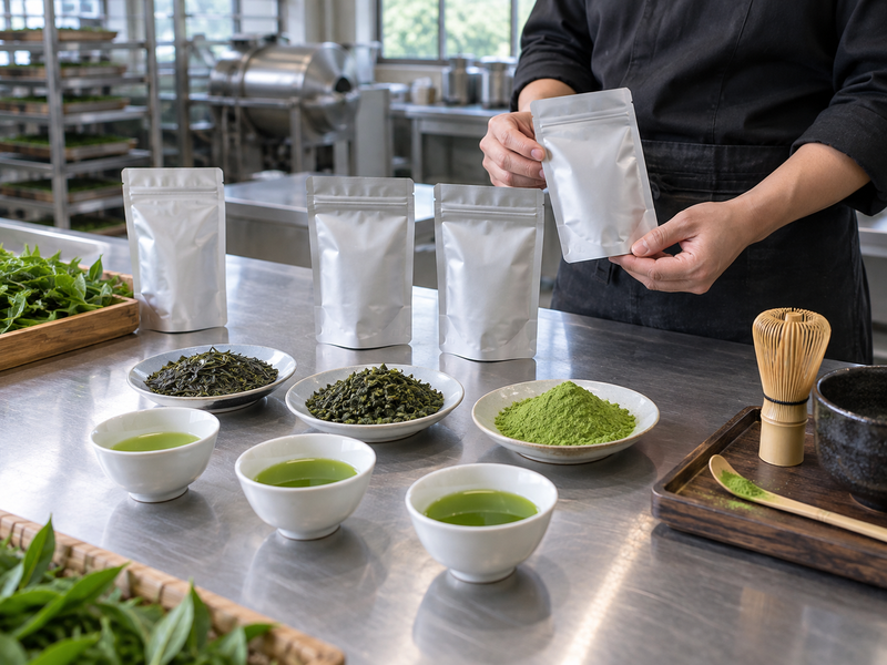 Tea buyer compares leaf and powder samples beside plain sealed pouches