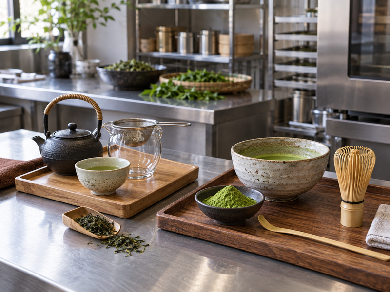 Gyokuro teapot and strainer beside a matcha bowl and whisk preparation station