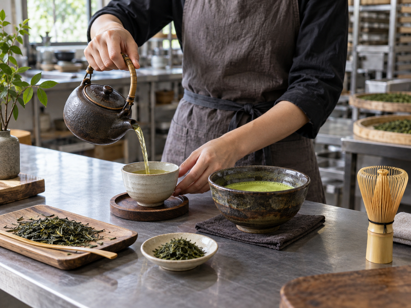 Cafe worker pours gyokuro infusion beside a bowl of whisked matcha