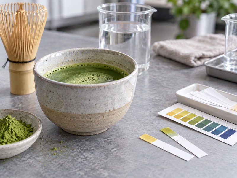 Matcha tea in a bowl beside a neutral ingredient card