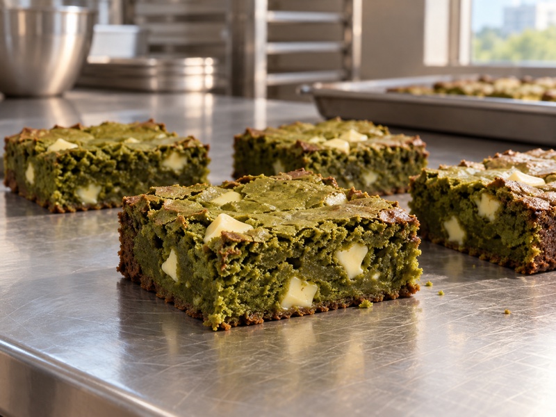 Cut dense matcha brownies showing moist naturally green centers