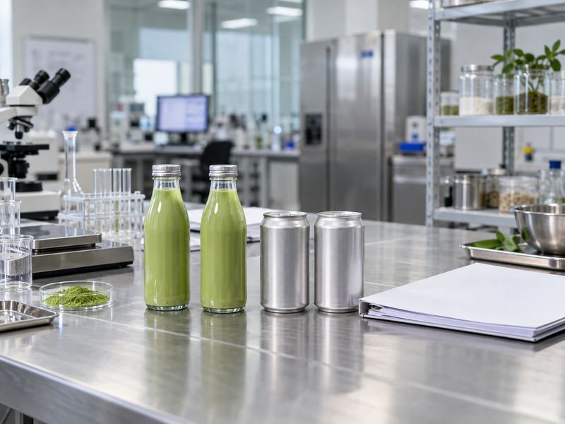 Unbranded matcha RTD beverage prototypes in bottles and cans on a Chinese development bench