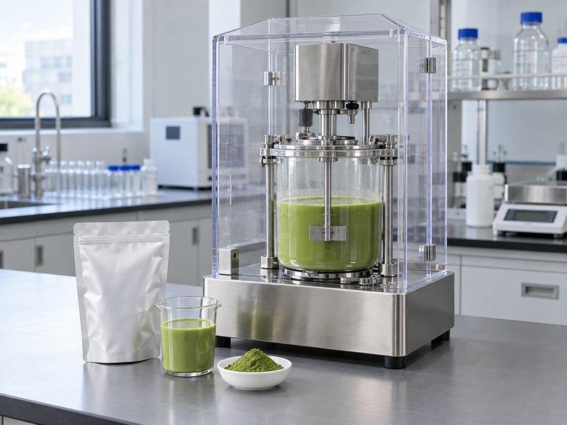 Pilot mixer dispersing matcha into a covered beverage base vessel
