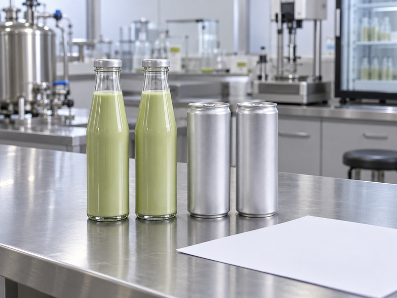 Unbranded transparent and opaque matcha beverage packages prepared for a packaging comparison