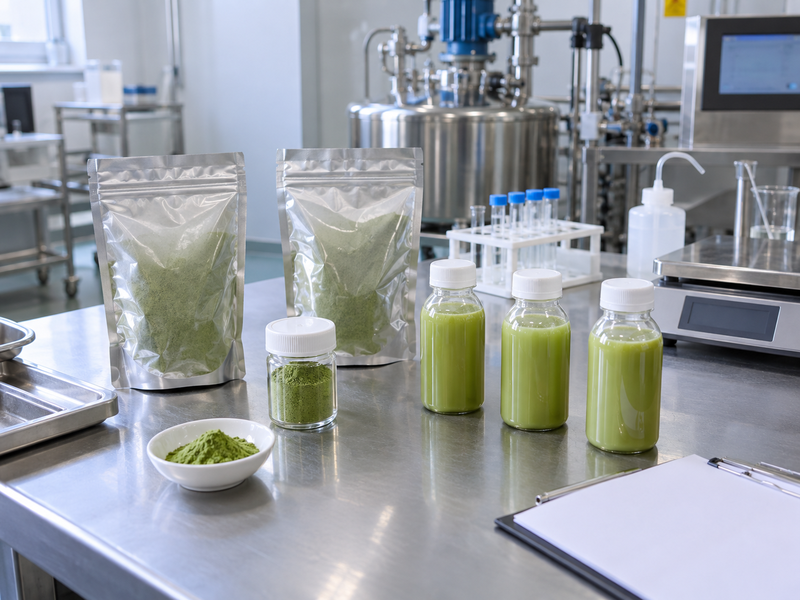 Traceable matcha bulk sample bags beside pilot RTD packages for production confirmation