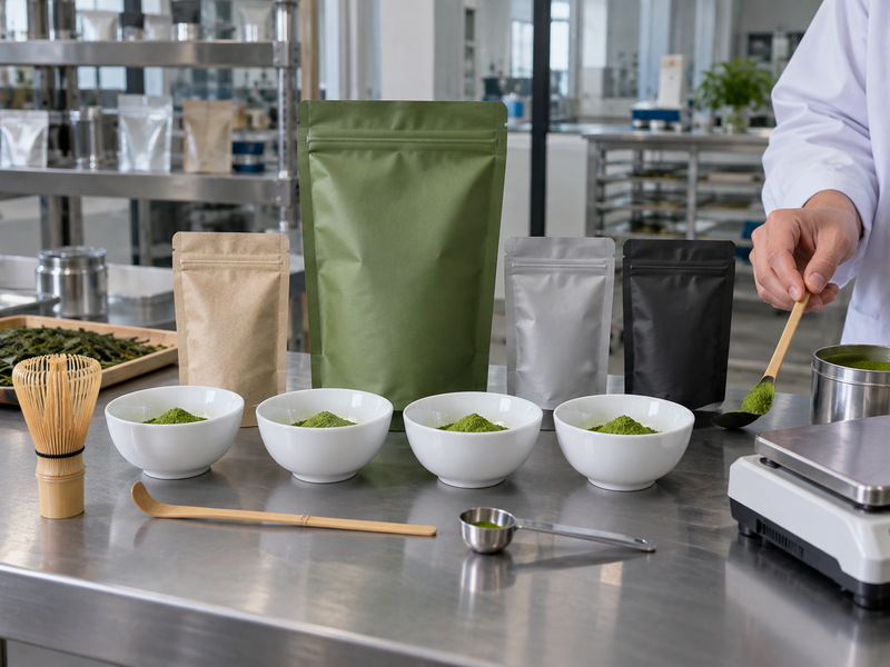 Approved matcha reference sample beside alternative supplier samples