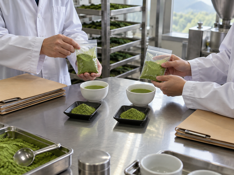 Staff reviewing retained matcha samples from primary and backup sources