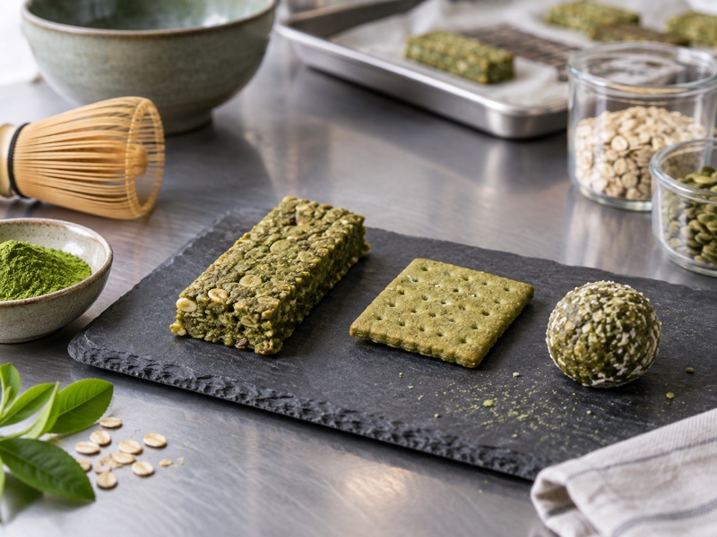 Three realistic matcha snack prototypes on a food product-development table