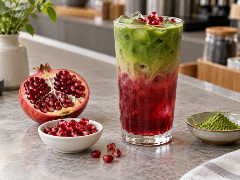 Pomegranate matcha served in a tall cafe glass