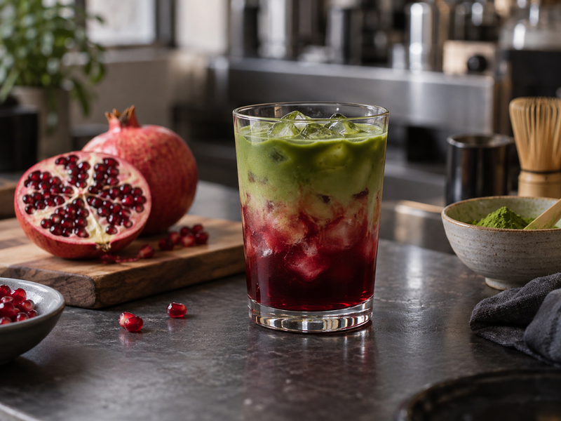Pomegranate matcha iced tea with a red fruit base