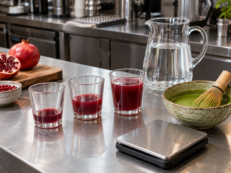 Measured pomegranate juice and water for small tea trials