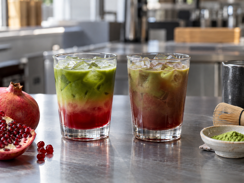 Layered and stirred pomegranate matcha drinks side by side