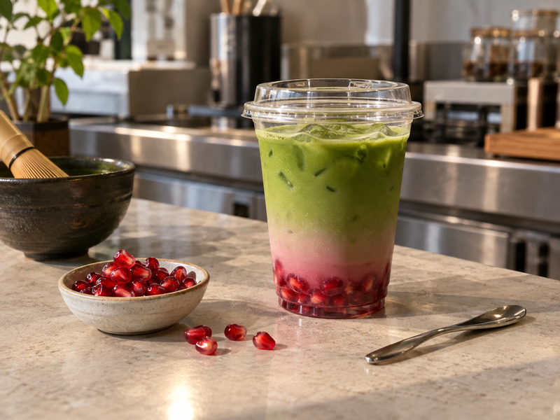 Pomegranate tea with arils and a takeaway service cup