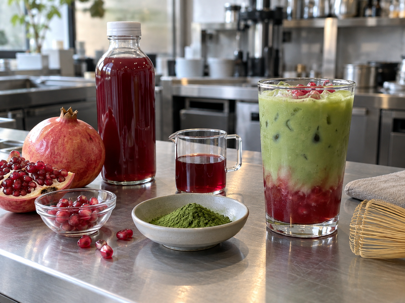 Pomegranate juice and tea ingredients at a cafe buying trial