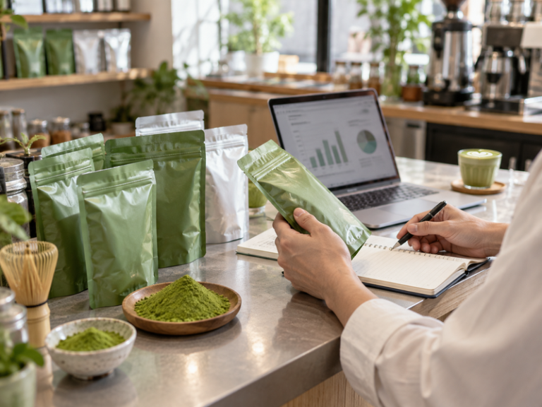 Cafe manager reviewing matcha stock and demand records