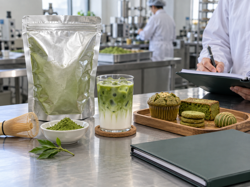 Matcha product samples beside cafe and manufacturing planning materials